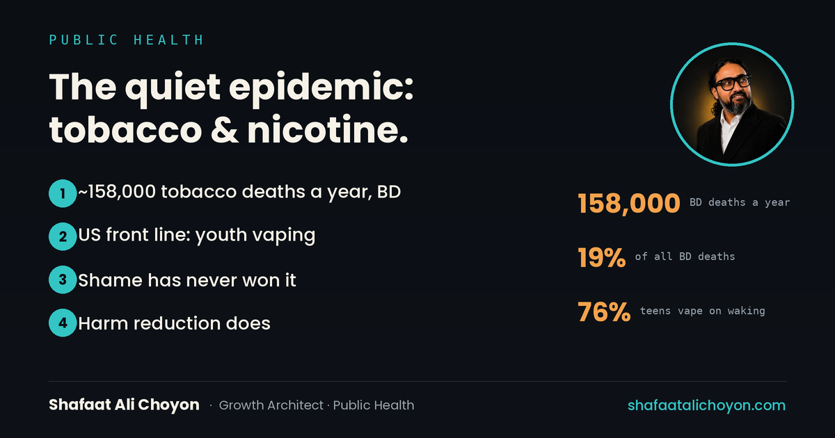 Tobacco causes ~158,000 deaths a year in Bangladesh (~19% of deaths); US youth nicotine dependence via vaping; harm reduction over shame.