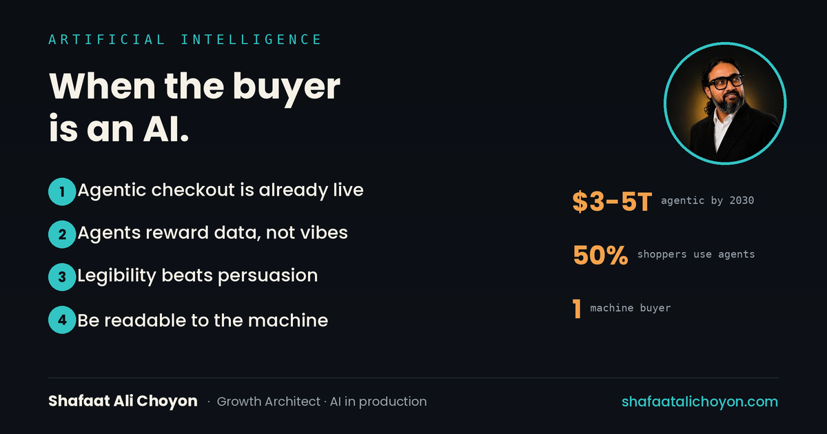 Agentic commerce projected at $3–5 trillion by 2030; the shopper becomes an AI agent; brands must be legible to the machine that buys.